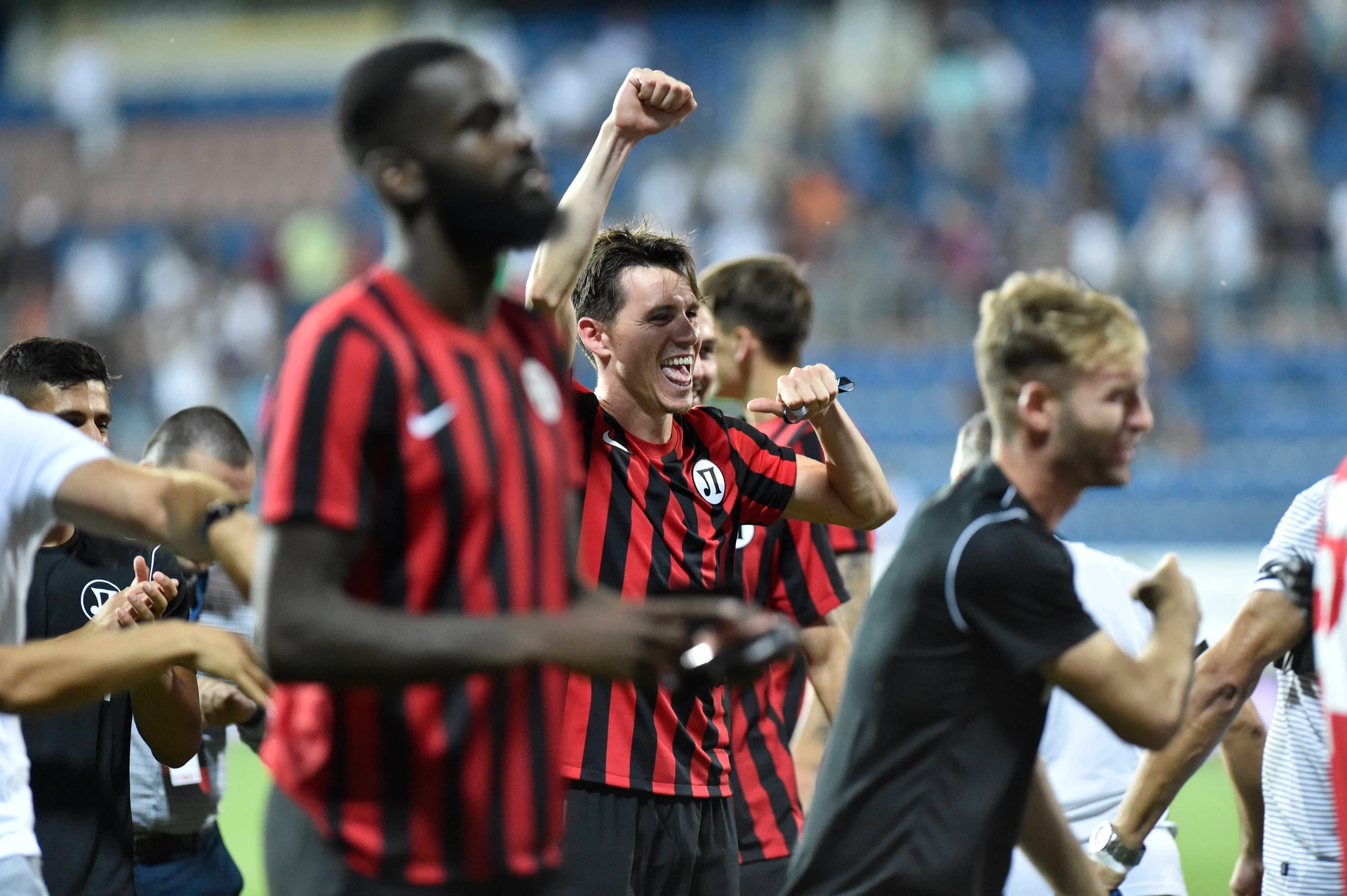 Soccer players of Lokomotiv Plovdiv (Birsent Karagaren is centre) celebrate victory after the UEFA Europa Conference League, 2nd round return match: FC Slovacko vs Lokomotiv Plovdiv in Uherske Hradiste, Czech Republic, July 29, 2021. (CTKxPhoto DaliborxGluck) CTKPhotoP2021072914750 PUBLICATIONxNOTxINxCZExSVK dg021