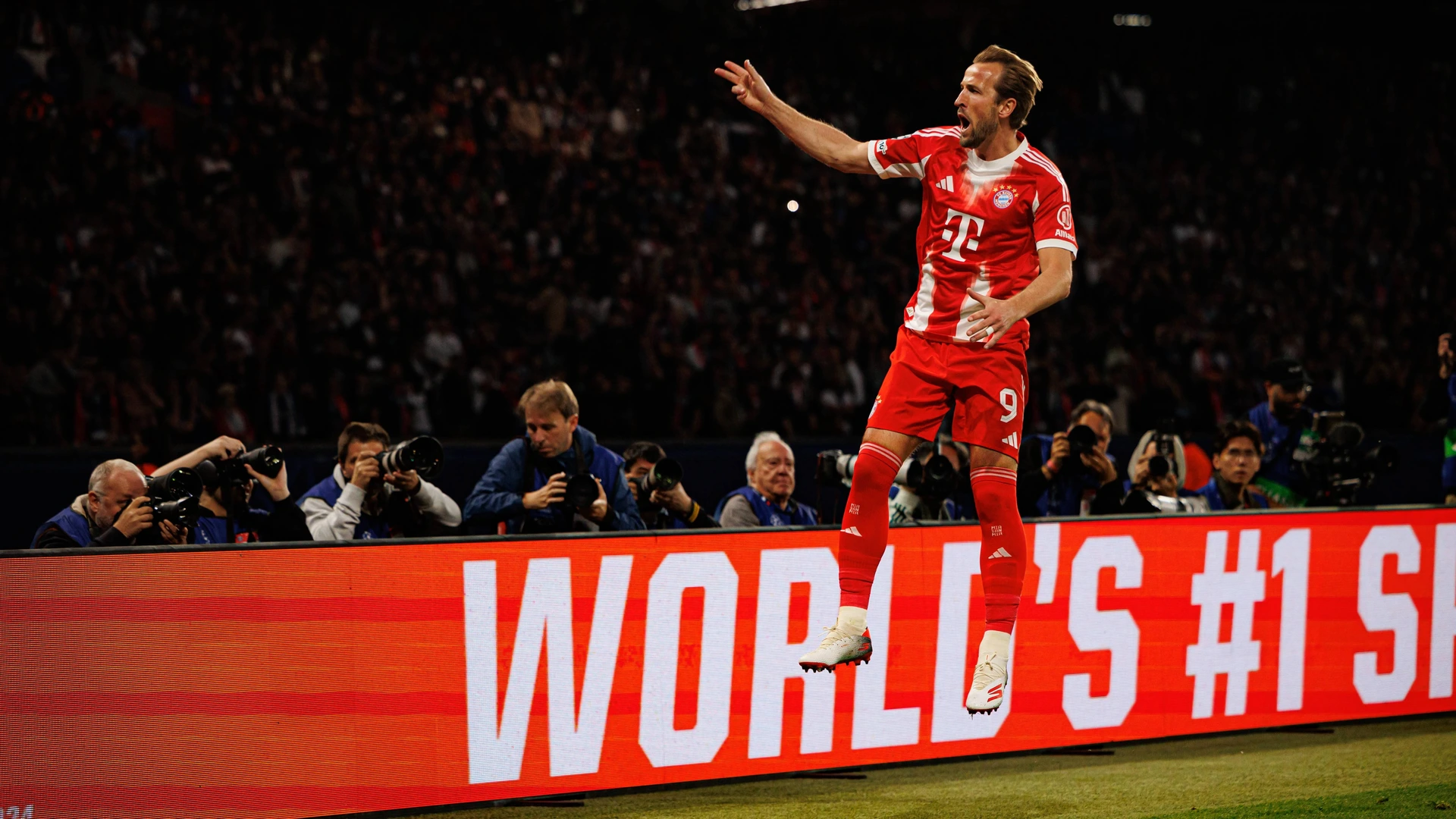 Harry Kane seen celebrating after scoring goal during UEFA Champions League semifinal game between teams of Paris Saint-Germain Football Club and FC Bayern Munchen