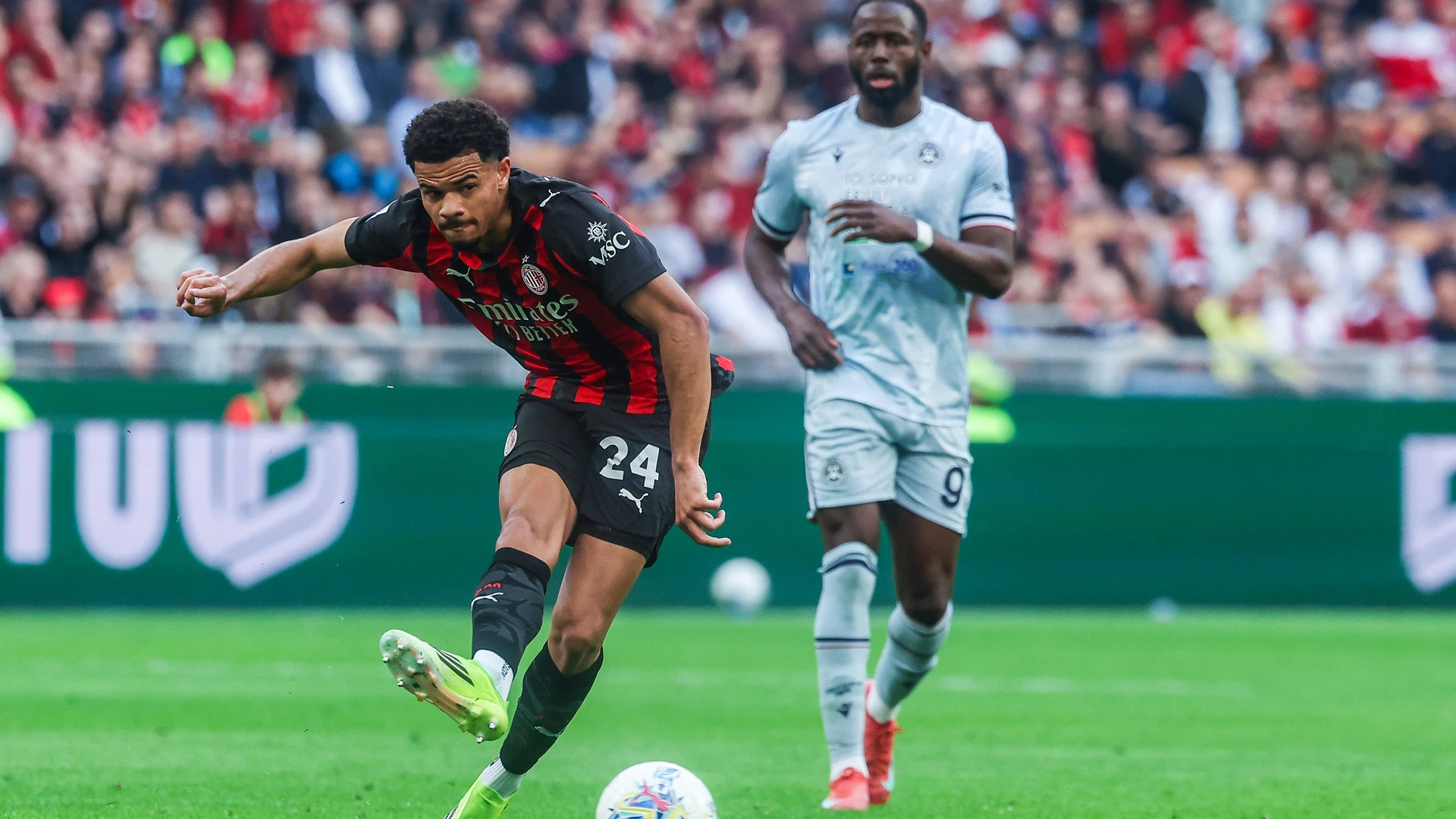 Zachary Athekame of AC Milan seen in action during Serie A 2025/26 football match between AC Milan and Udinese Calcio at San Siro Stadium in Milan Italy on 11 April 2026. 