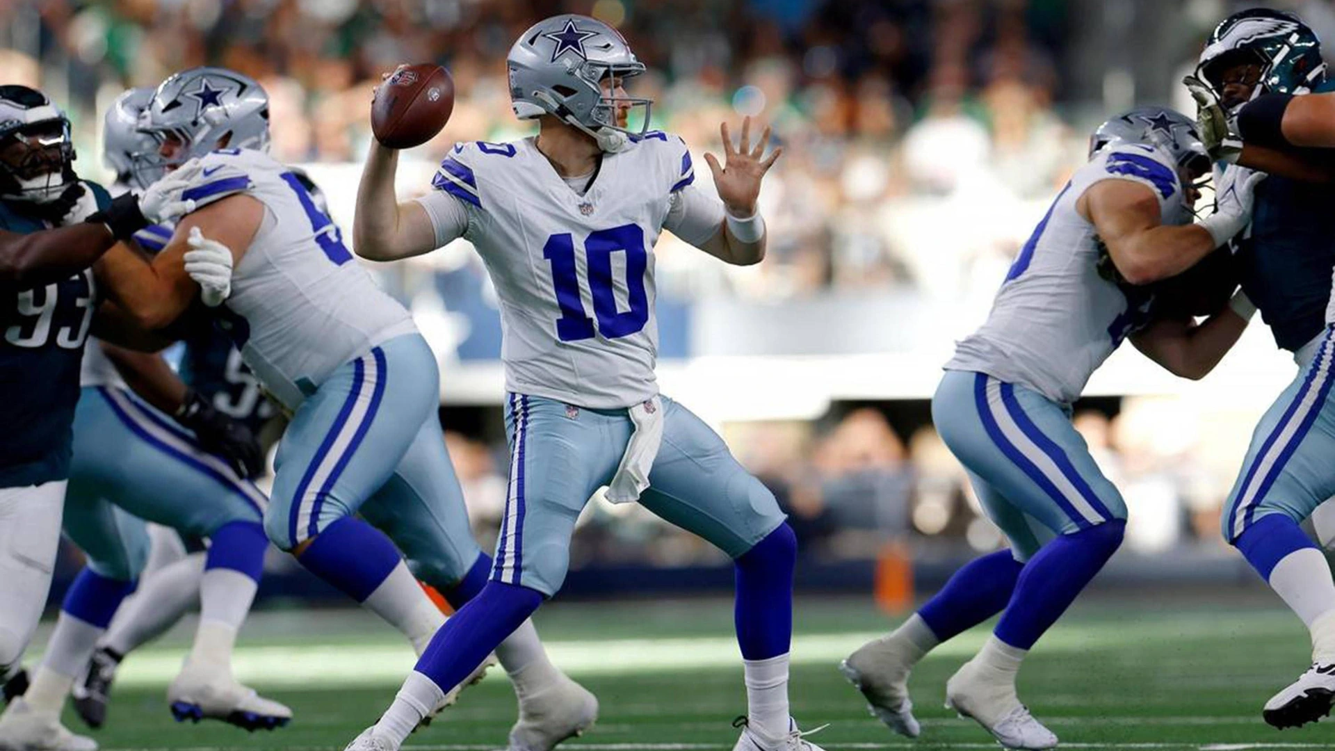 FT Dallas Cowboys quarterback Cooper Rush throws the ball against the Philadelphia Eagles on Sunday, Nov. 10, 2024