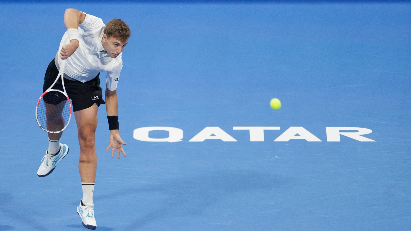 Hamad Medjedovic of Serbia during the 2025 Qatar ExxonMobil Open, ATP 500 Tennis open on 18 February 2025 in Doha, Qatar
