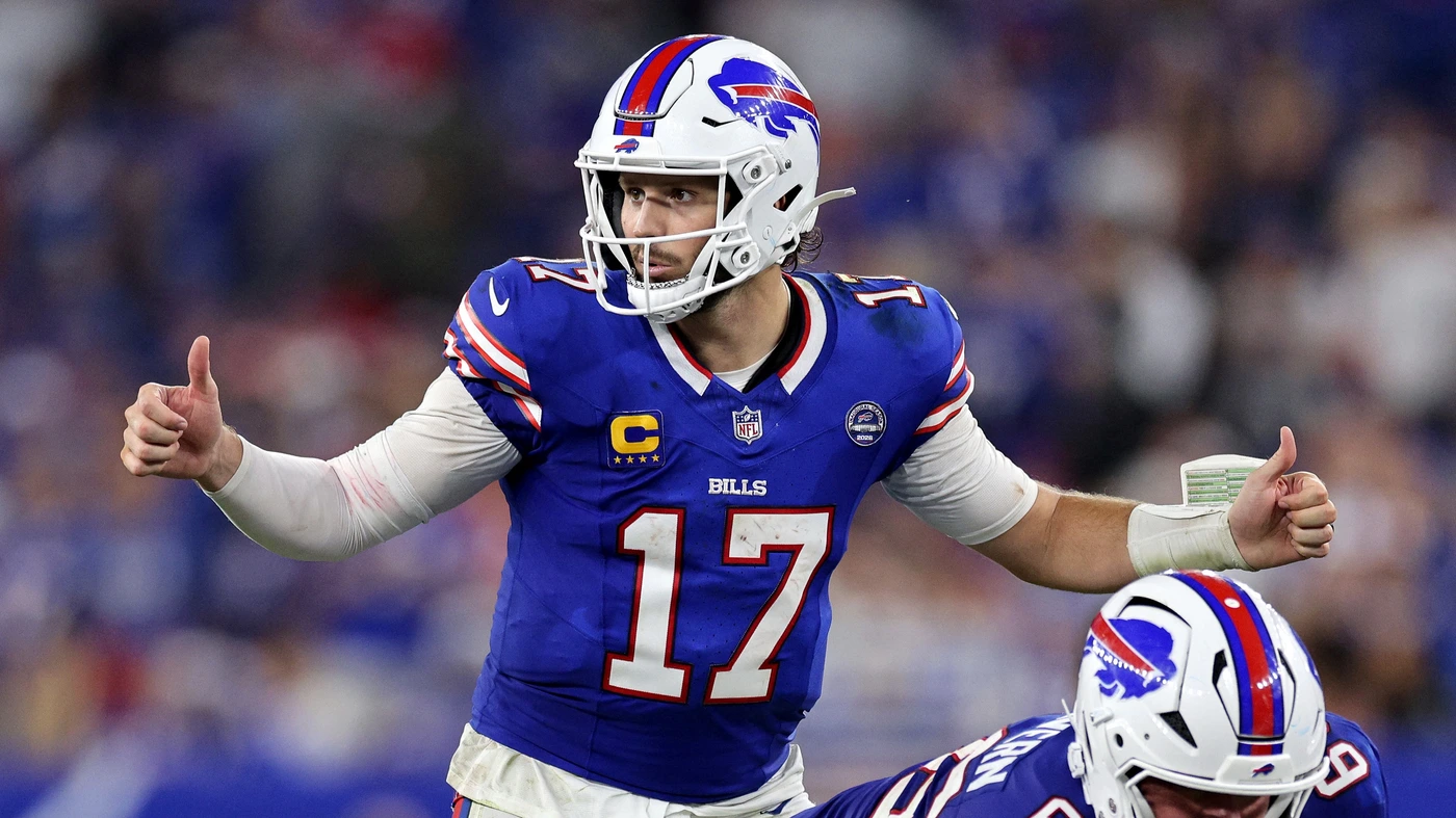 Josh Allen #17 of the Buffalo Bills calls a play against the Detroit Lions during the fourth quarter of the game at Highmark Stadium on September 17, 2026