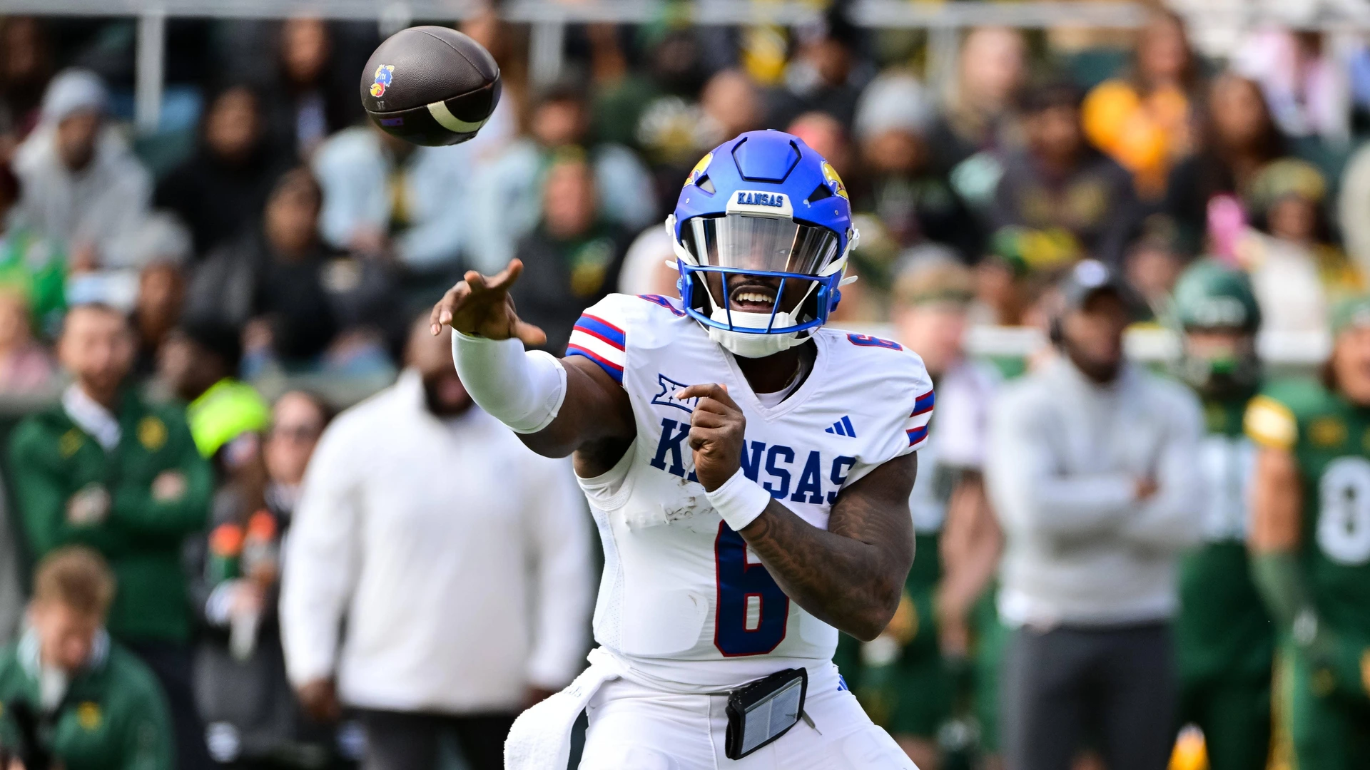 November 30 2024: Kansas Jayhawks quarterback Jalon Daniels 6 drops back for a pass during the 1st half of the NCAA, College League, USA Football game between Kansas Jayhawks and Baylor Bears at McLane Stadium in Waco, Texas.