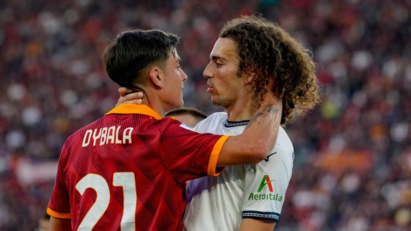 AS Roma v SS Lazio - Serie A TIM Matteo Guendouzi of SS Lazio argues with Paulo Dybala of AS Roma during the Serie A TIM match between AS Roma and SS Lazio at Stadio Olimpico on April 06, 2024 in Rome, Italy.