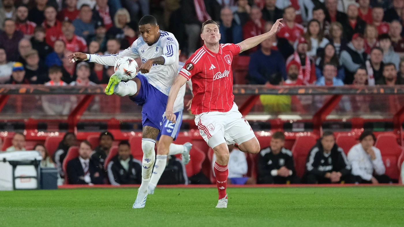 April 30, 2026, Nottingham, United Kingdom: Ezri Konsa of Aston Villa and Chris Wood of Nottingham Forest seen in action during the UEFA Europa League Semi Final first leg football match between Nottingham Forest and Aston Villa at City Ground.