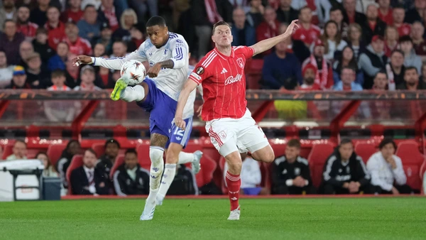 April 30, 2026, Nottingham, United Kingdom: Ezri Konsa of Aston Villa and Chris Wood of Nottingham Forest seen in action during the UEFA Europa League Semi Final first leg football match between Nottingham Forest and Aston Villa at City Ground.