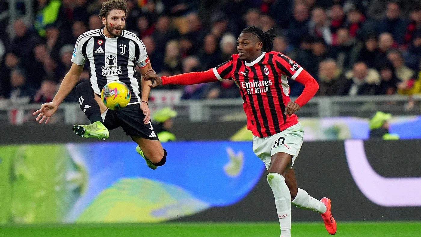 Juventus Manuel Locatelli fights for the ball with AC Milan s Rafael Leao during the Serie A soccer match between Milan and Juventus November 23 , 2024.
