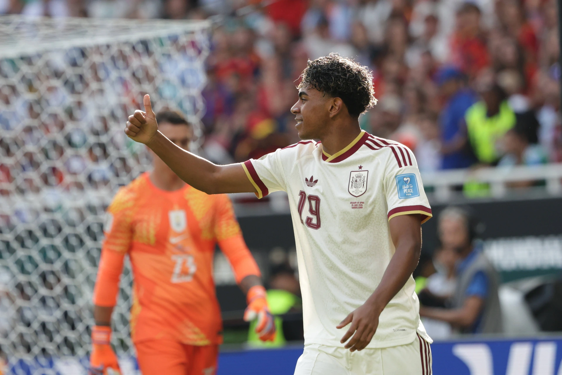 Spain v Uruguay: FIFA World Cup, WM, Weltmeisterschaft, Fussball - Group H Lamine Yamal 19 of Spain national team, Nationalteam reacts during the FIFA World Cup 2026 Group H match between Uruguay a...