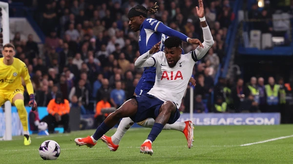 Chelsea v Tottenham Hotspur Premier League 02/05/2024. Noni Madueke of Chelsea doesnt foul Emerson of Tottenham Hotspur during the Premier League match between Chelsea and Tottenham Hotspur at Stamford Bridge, London, England on 2 May 2024.