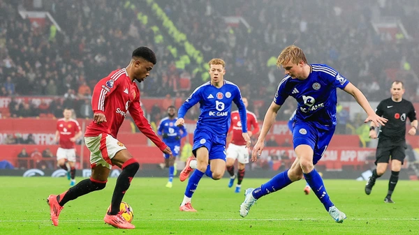 Amad Diallo (16) of Manchester United and Victor Kristiansen (16) of Leicester City during the English championship Premier League football match between Manchester United and Leicester City on 10 November 2024 at Old Trafford in Manchester,