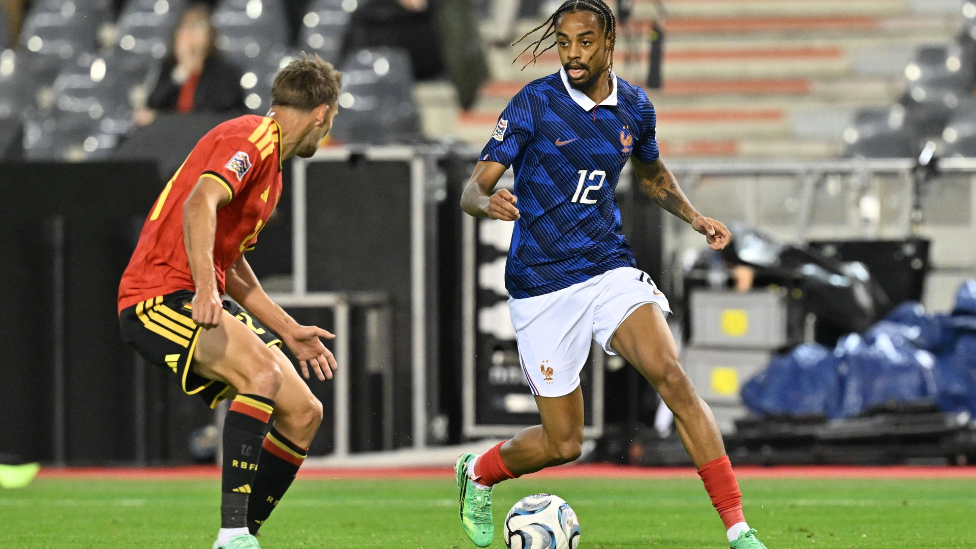 Belgium vs France Bradley Barcola 12 of France pictured during a soccer game between the national teams of Belgium and France оn Wednesday 28 September 2026 