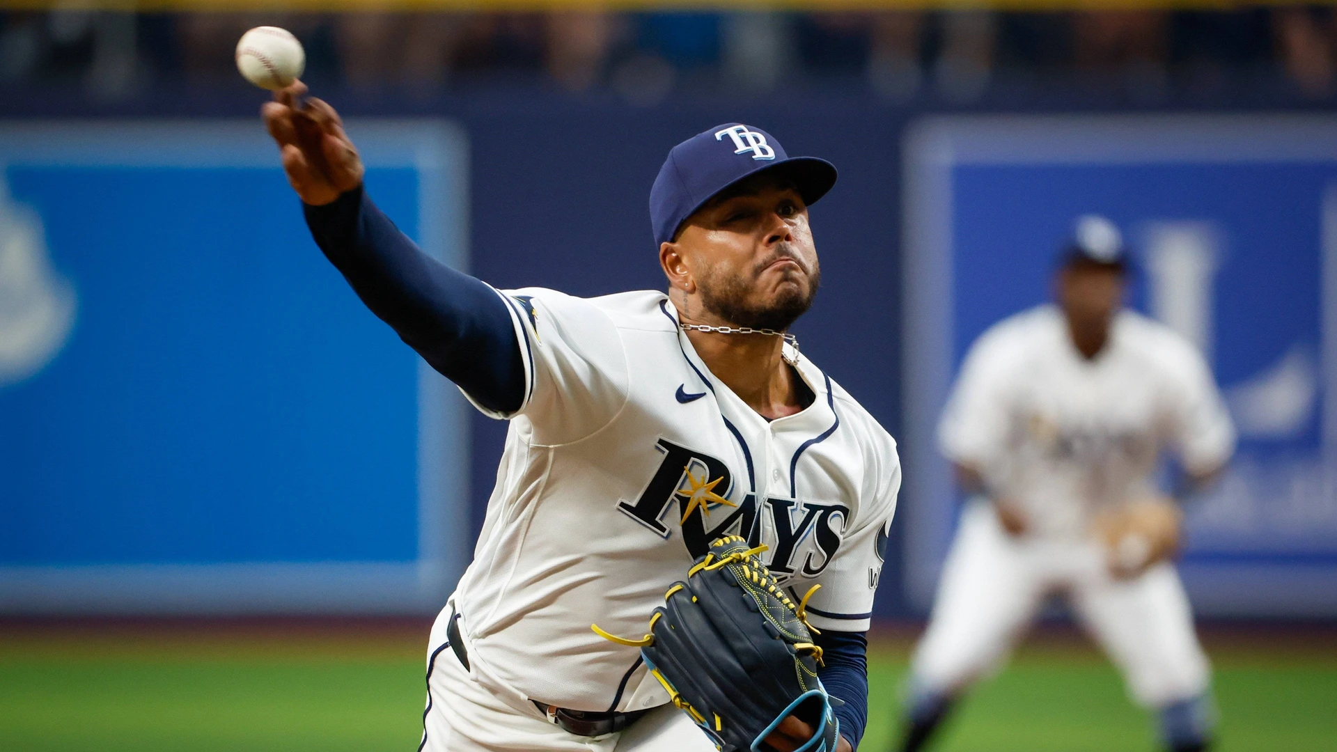 Tampa Bay Rays pitcher Freddy Peralta 51 pitches to Baltimore Orioles outfielder Colton Cowser 17 during the third inning at Tropicana Field on Sunday, Aug. 16, 2026