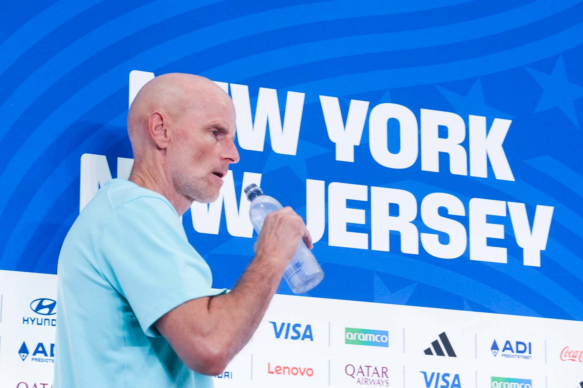 World Cup 2026 East Rutherford, USA 20260704. Norway national team, Nationalteam manager Stale Solbakken at a press conference, PK, Pressekonferenz before the World Cup round of 16 match against Br...