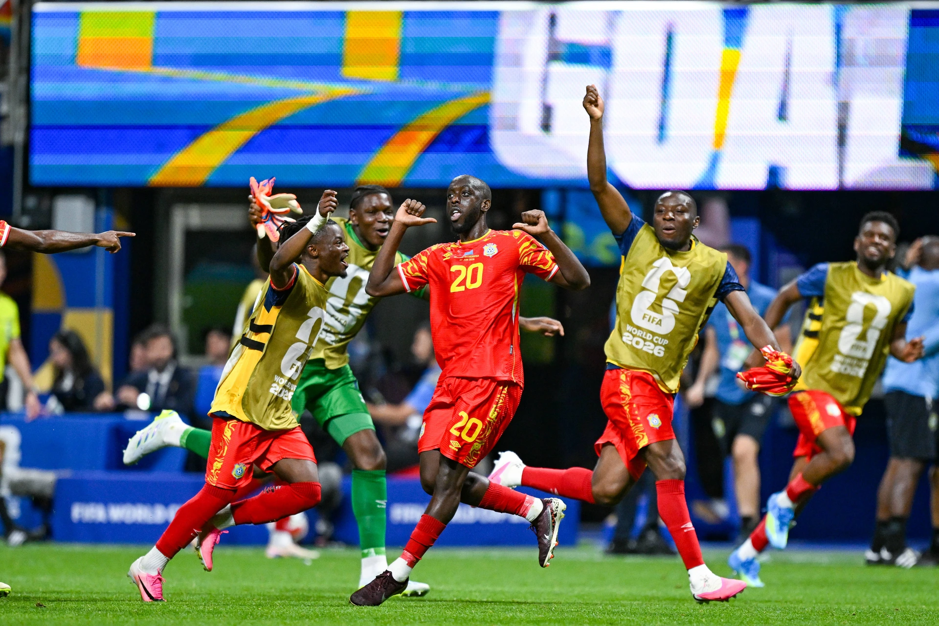 ATLANTA, GA - JUNE 27: Yoane Wissa 20 of Congo and teammates react after scoring a second-half goal during the FIFA World Cup, WM, Weltmeisterschaft, Fussball 2026 Group K match between Congo DR an...