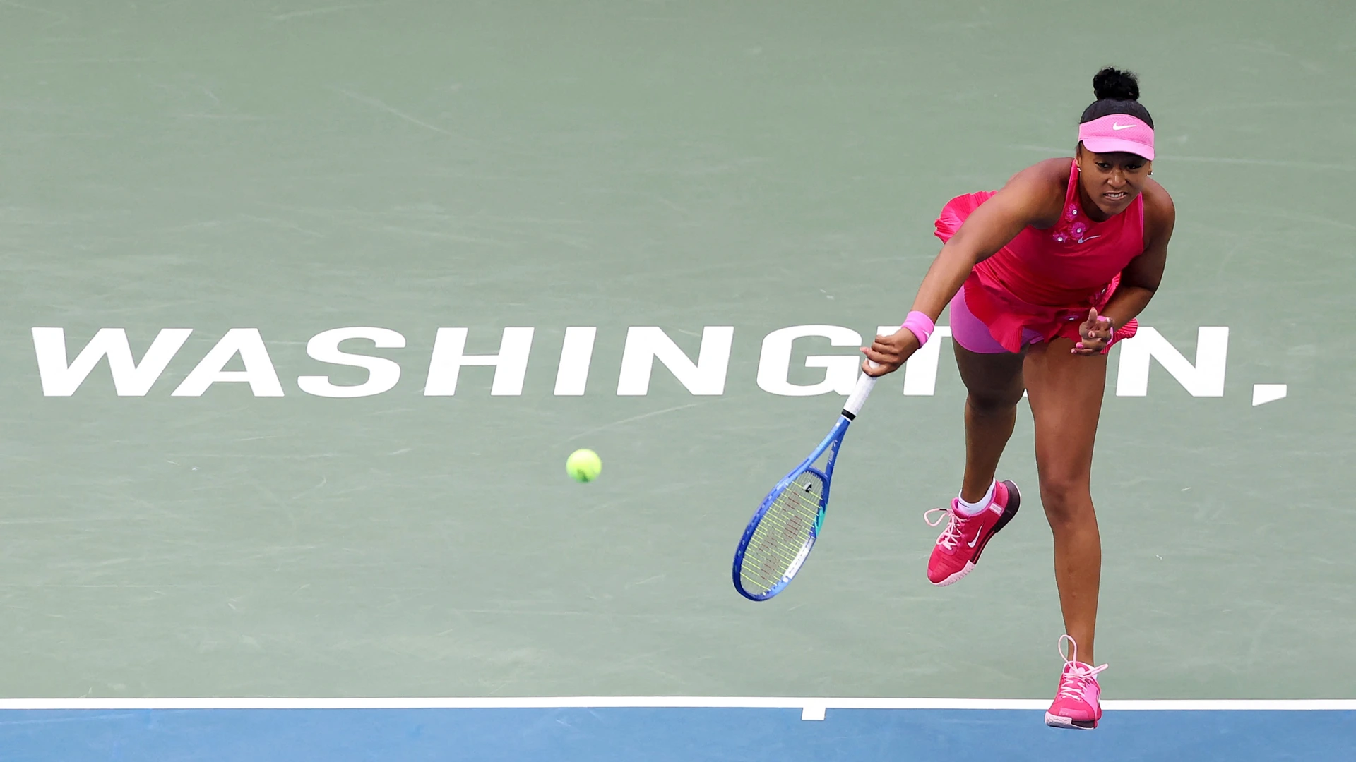 Naomi Osaka of Japan serves during a women's singles match against Ashlyn Krueger of the United States during day three of the Mubadala Citi DC Open 2026 on July 29, 2026 