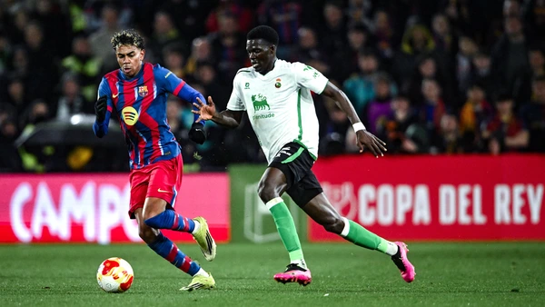 Maguette Gueye 14 of Real Racing Club Santander and Lamine Yamal 10 of FC Barcelona in action during the Copa del Rey Round of 16 match between Real Racing Club Santander and FC Barcelona at El Sardinero stadium on January 15, 2026