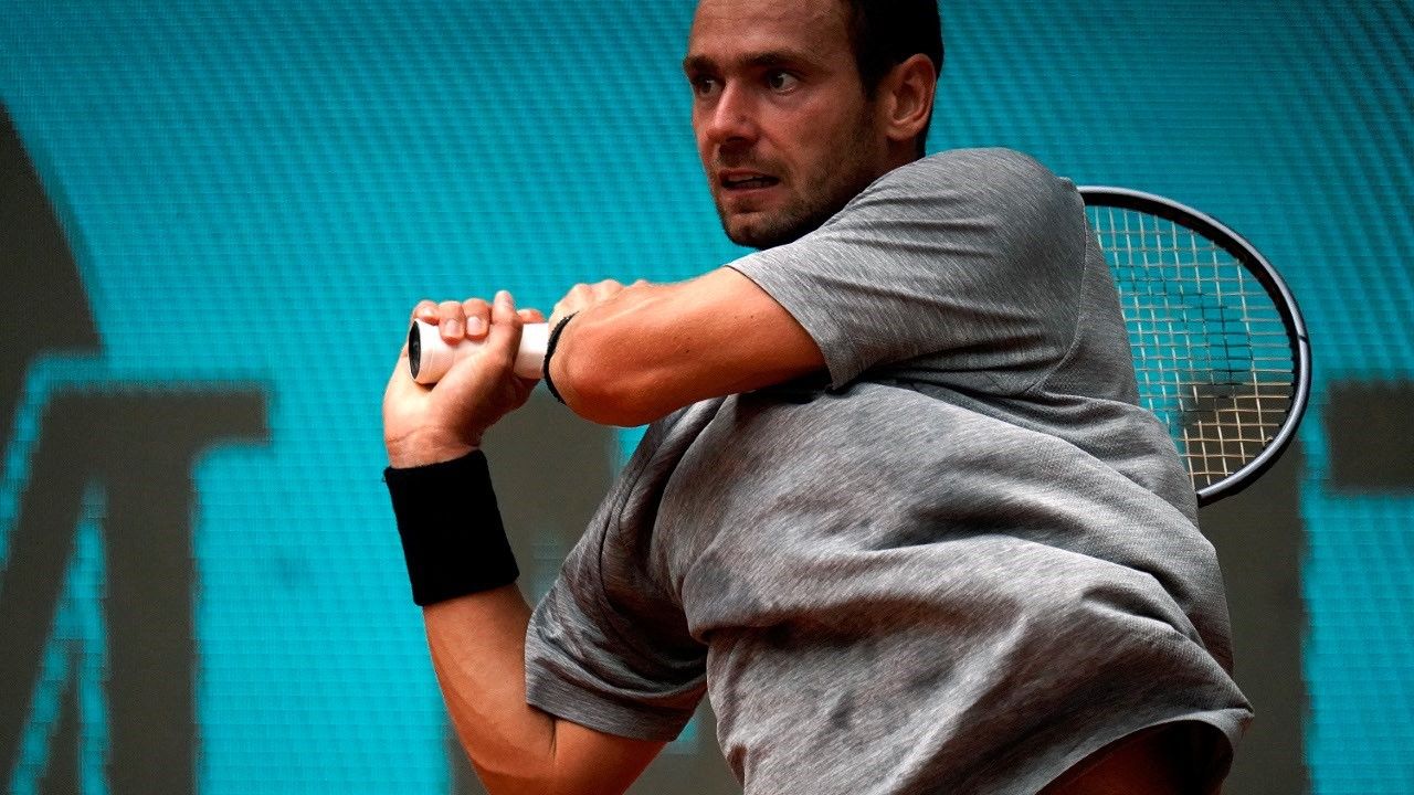 oman Safiulin of Russia is competing against Bernabe Zapata Miralles of Spain on Day Eight of the Mutua Madrid Open at La Caja Magica in Madrid, Spain on May 1st, 2023