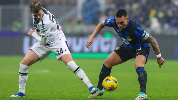 Lautaro Martinez of FC Internazionale competes for the ball with Lazar Samardzic of Udinese Calcio during Serie A 2023/24 football match between FC Internazionale and Udinese Calcio  on December 09, 2023