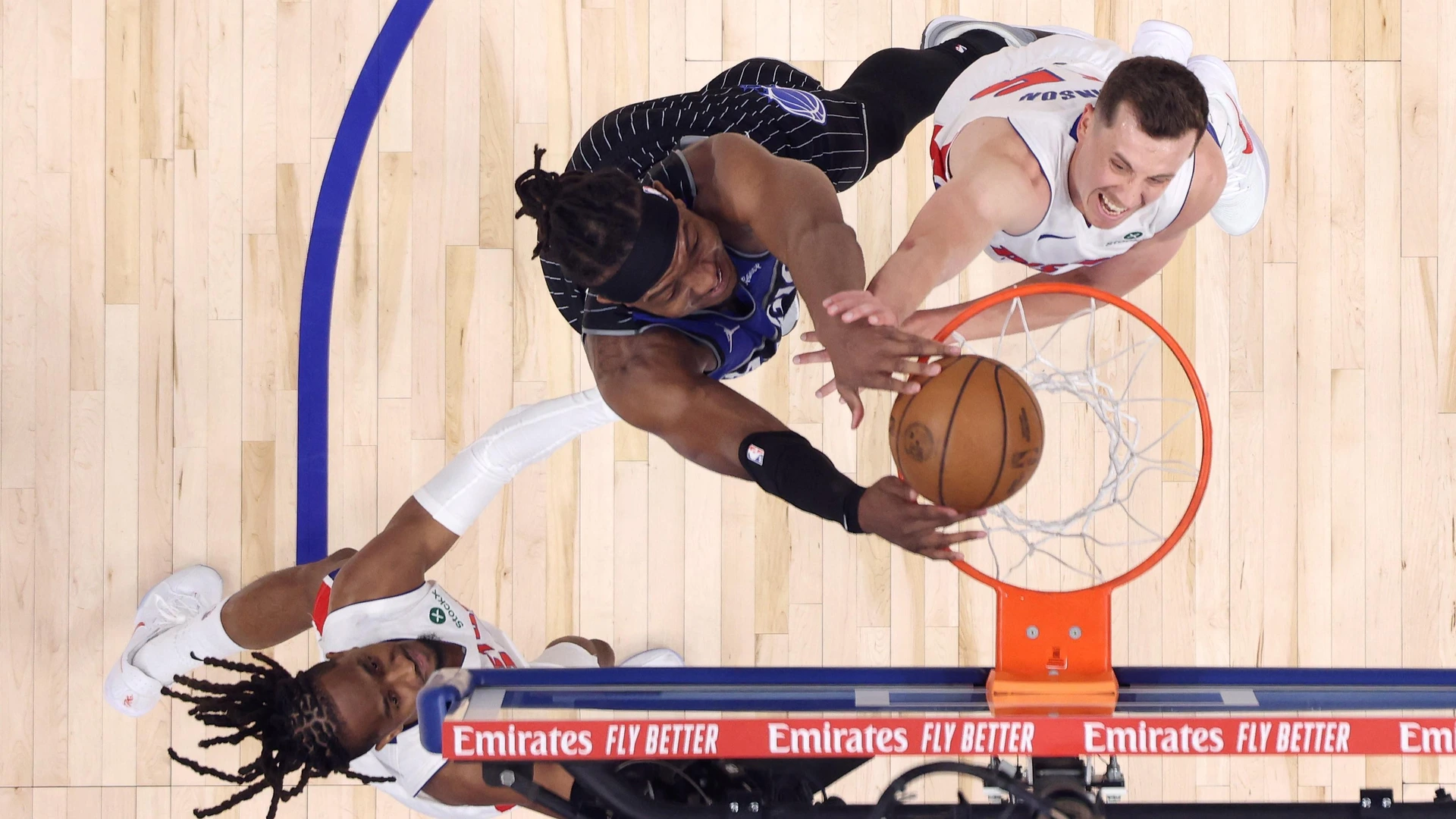 Wendell Carter Jr. #34 of the Orlando Magic dunks past Duncan Robinson #55 of the Detroit Pistons in the second half during game one of the first round of the eastern conforence playoffs at Little Caesars Arena on April 19, 2026 in Detroit, Michigan.