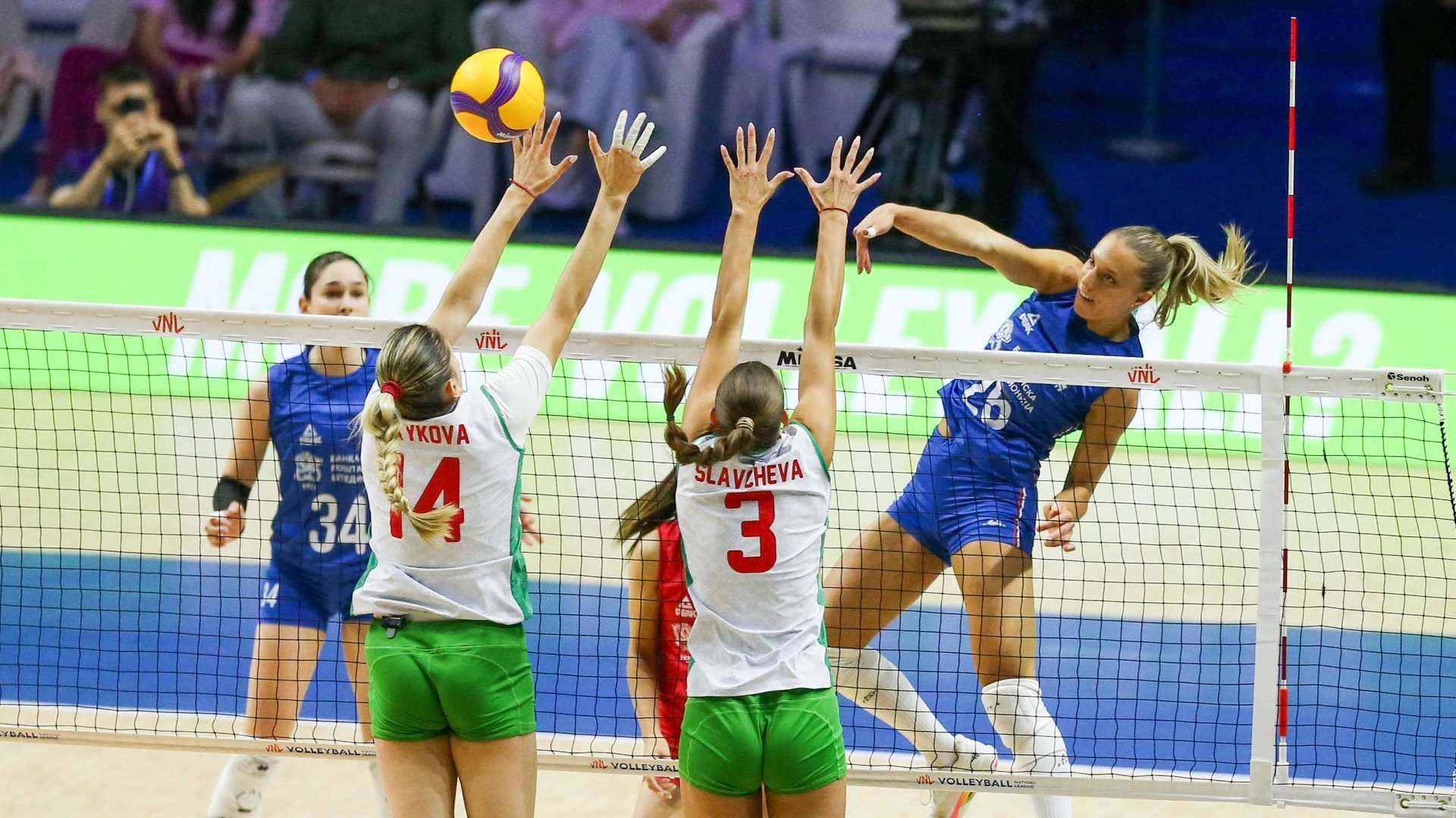 M. Kirov 26 of Serbia in action against B. Saykova 14 of Bulgaria during the 2026 FIVB Volleyball Women s Nations League match between the Serbia and Bulgaria in Belgrade, Serbia, on July 8, 2026.