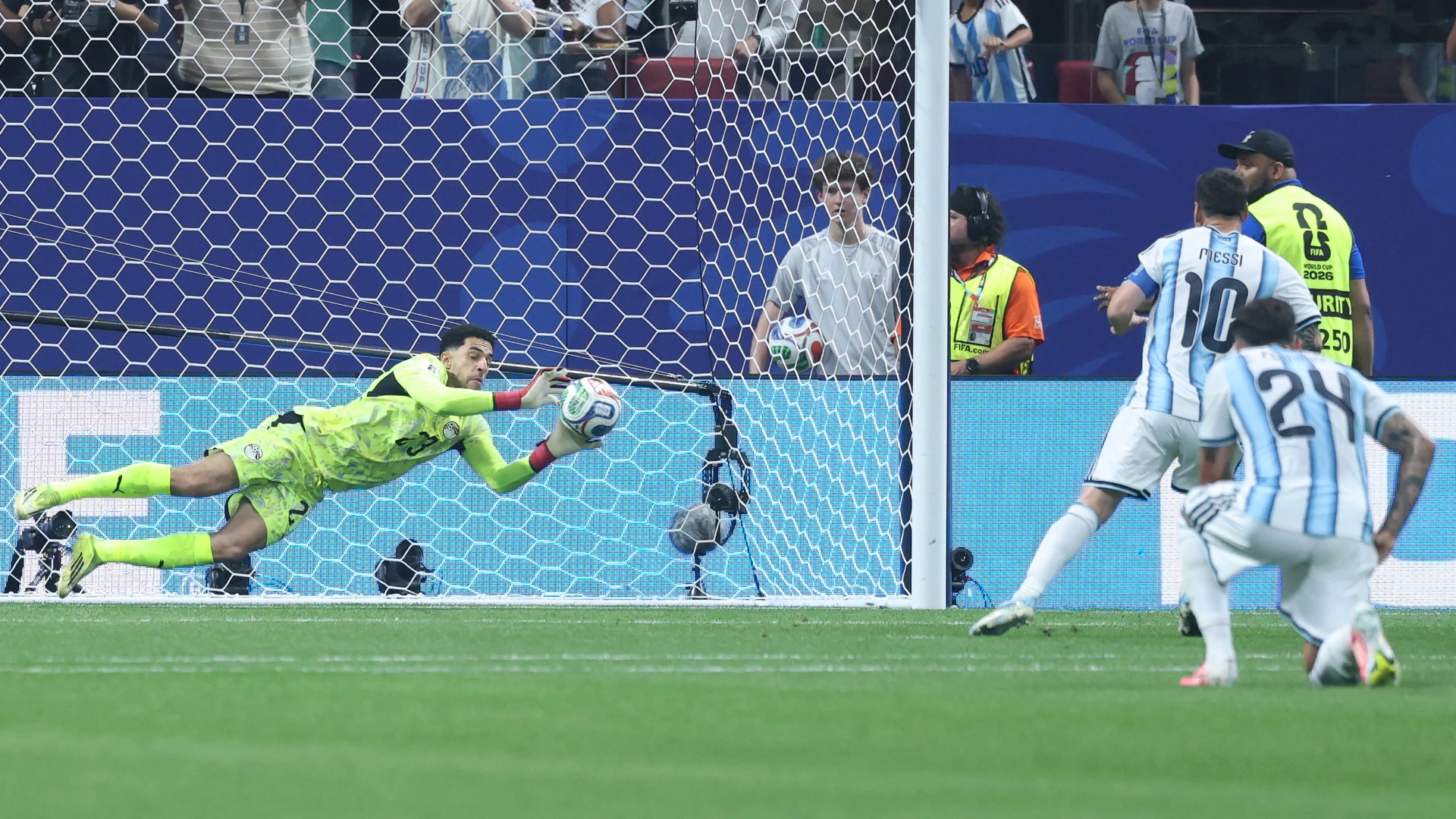 Egypt's goalkeeper #23 Mostafa Shoubir saves a penalty taken by Argentina's forward #10 Lionel Messi during the 2026 World Cup round of 16 football match between Argentina and Egypt at Atlanta Stadium in Atlanta on July 7, 2026.
