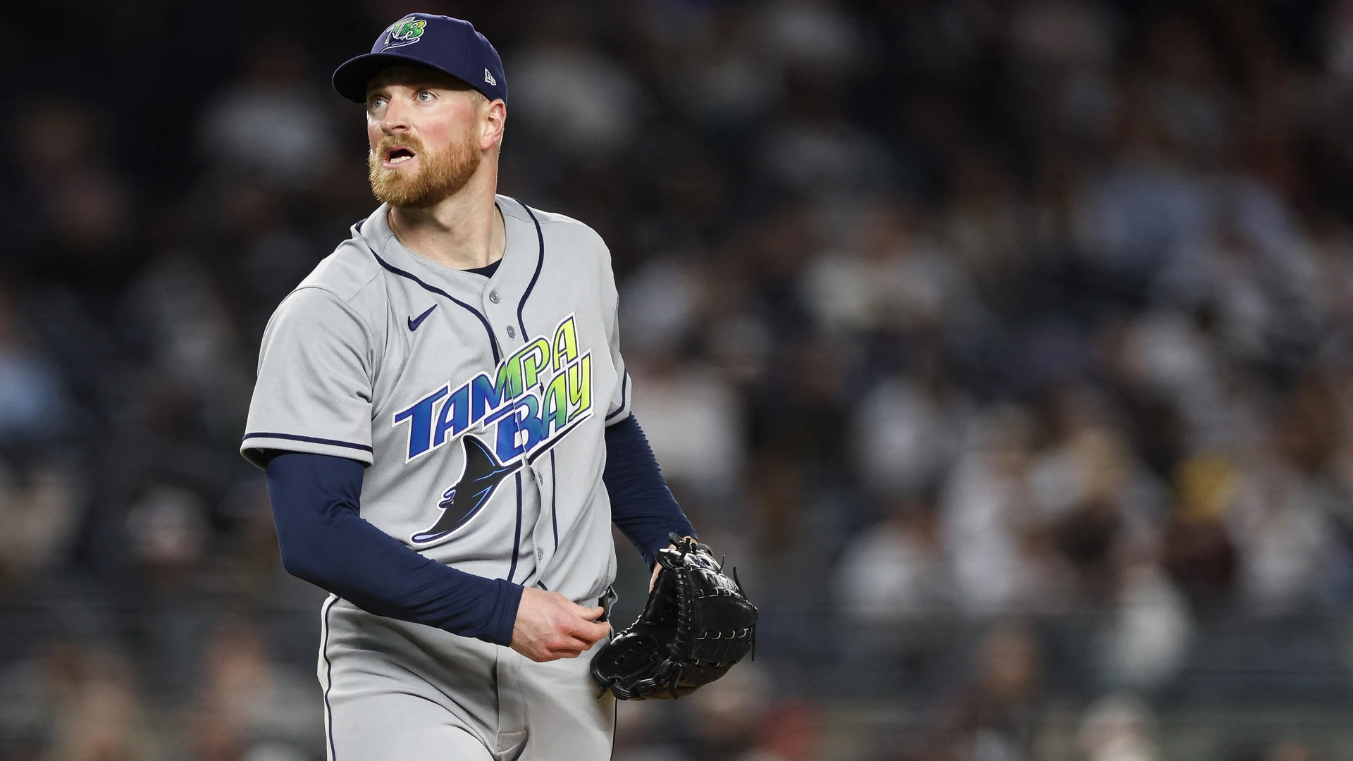 Drew Rasmussen #57 of the Tampa Bay Rays looks on in the first inning during game two of a doubleheader against the New York Yankees at Yankee Stadium on September 22, 2026