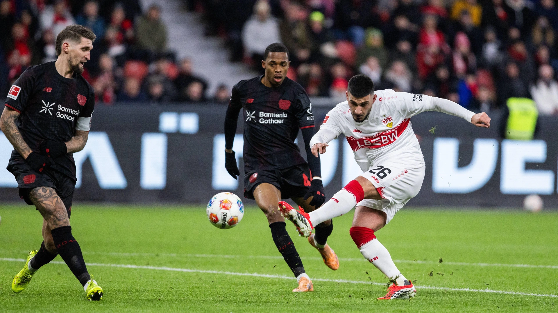 Leverkusen, Bayarena, 10 01 2026 Deniz Undav of Stuttgart kicks the ball during the 1 Bundesliga match Bayer 04 Leverkusen vs VFB Stuttgart