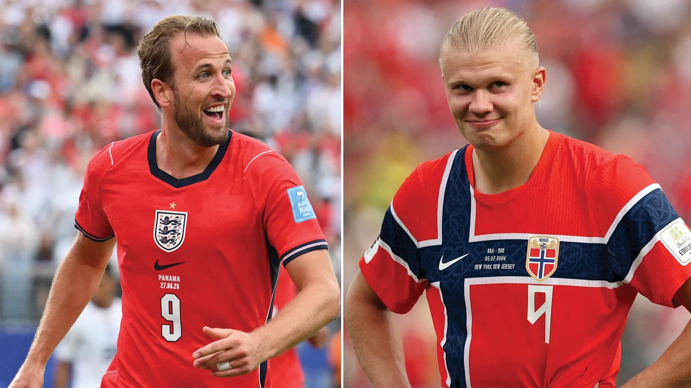 England's forward #09 Harry Kane at the New York/New Jersey Stadium in East Rutherford on June 27, 2026; and Norway's forward #09 Erling Braut Haaland at the New York/New Jersey Stadium in East Rutherford on July 5, 2026. Norway and England will meet in a 2026 World Cup football tournament quarter-final match in Miami on July 11, 2026.