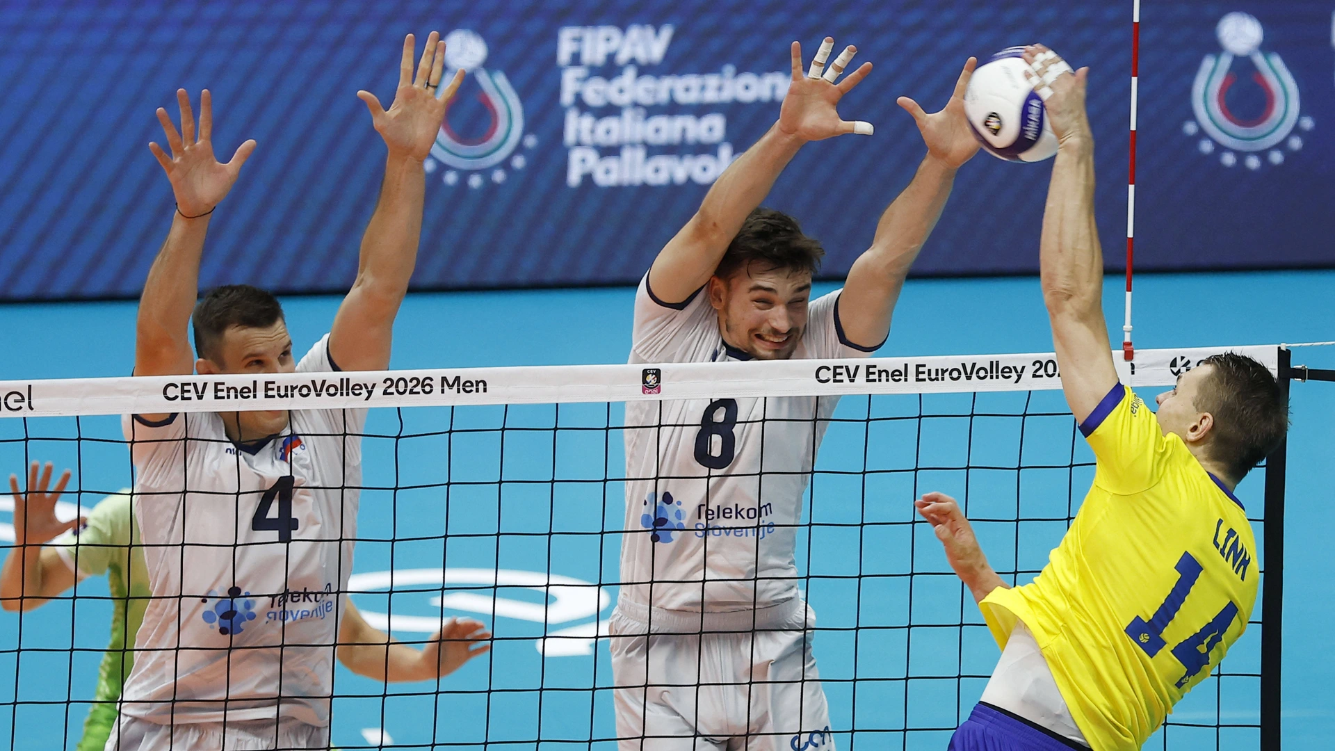 Jacob Link, 14 of Team Sweden, in action during the CEV Enel EuroVolley 2026 match between Slovenia and Sweden at PalaPanini on September 13, 2026, in Modena, Italy. 