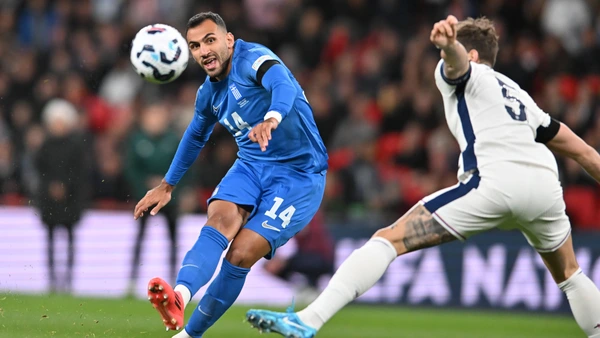 Vangelis Pavlidis 14 Greece shoots during the UEFA Nations League League B, Group 2 match between England and Greece on October 10, 2024