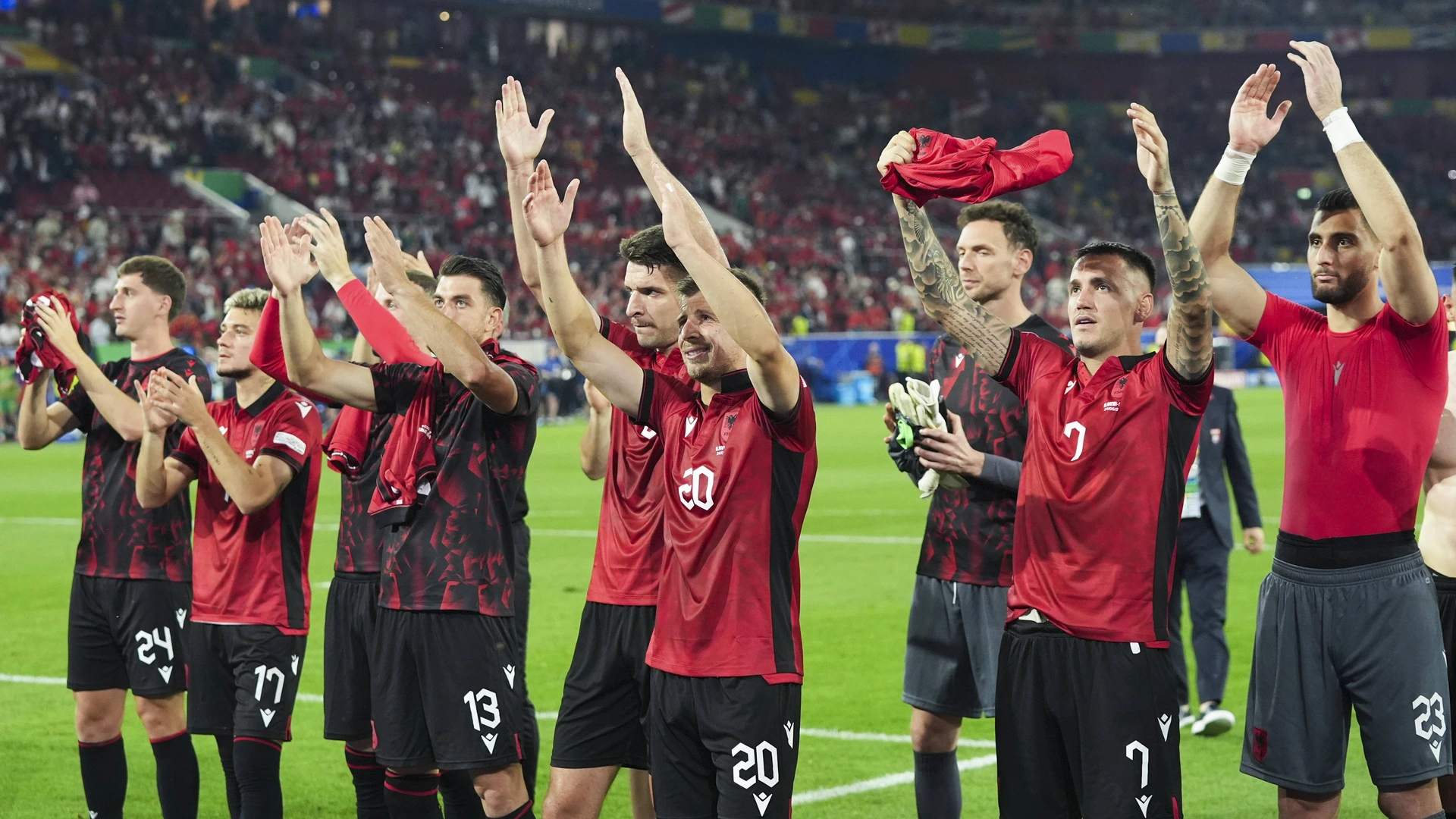 Players of Albania greet their fans at the end of the UEFA EURO, EM, Europameisterschaft,Fussball 2024 Group B football match between Albania and Spain at Dusseldorf Arena in Dusseldorf, Germany on June 24, 2024.