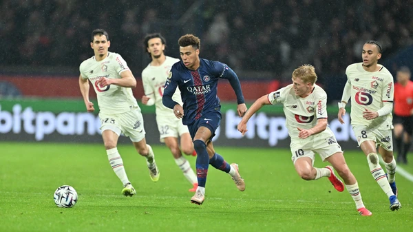 Desire Doue (C) of Paris Saint - Germain in action during the French Ligue 1 (L1) soccer match between Paris Saint-Germain (PSG) and Lille LOSC at Parc des Princes stadium in Paris, France on January 16, 2026