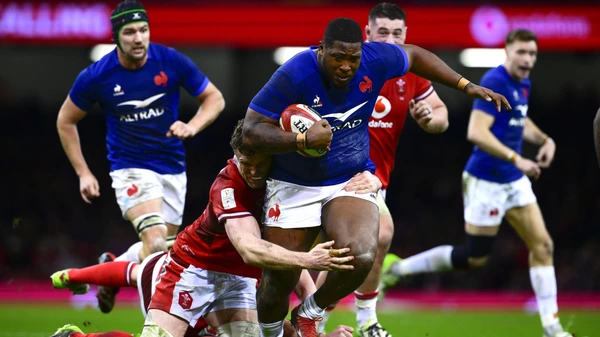 10 Mar 2024 Thibaud Flament of France Rugby on the break between Elliot Dee of Wales Rugby and Tommy Reffell of Wales Rugby during the Six Nations Rugby match between Wales and France at Principality Stadium on March 10, 2024 in Cardiff, Wales.