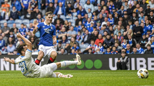 Findlay Curtis of Rangers scores their sides second goal of the match during the Pre-Season Friendly match at Ibrox Stadium