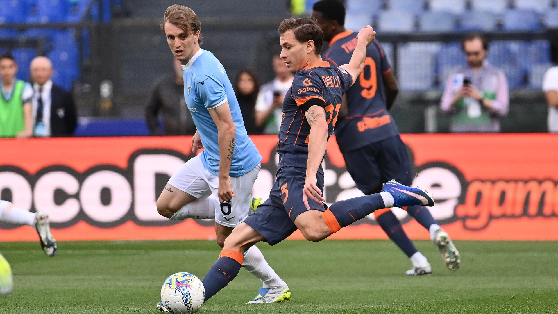 Nicolo Barella of F.C. Inter and Nicolo Rovella of S.S. Lazio are in action during the 36th matchday of the Serie A championship between S.S. Lazio and F.C. Inter at the Olympic Stadium on May 9, 2026 in Rome, Italy.