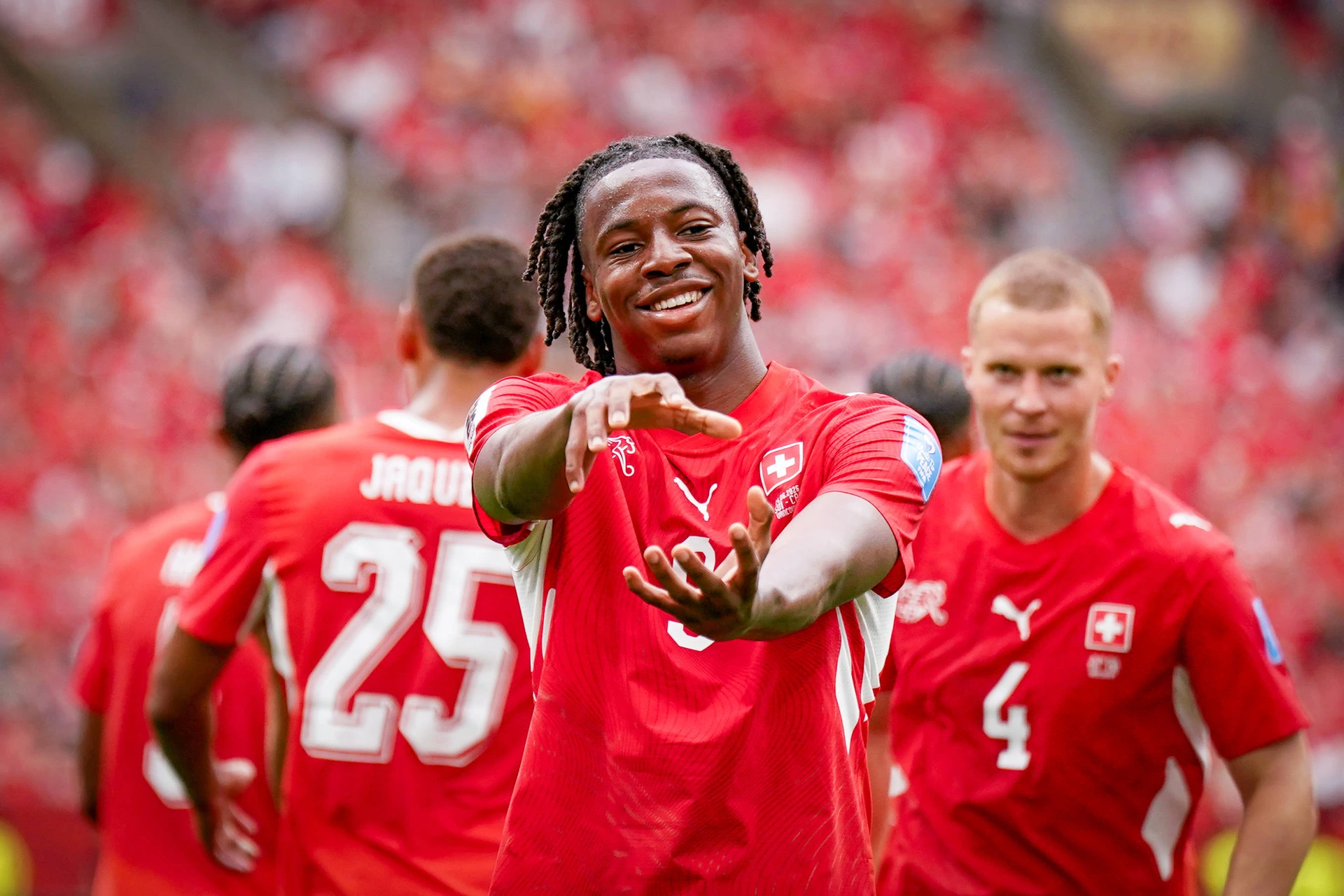 Kanada: Fußball FIFA Weltmeisterschaft 2026 Gruppenphase Schweiz vs Kanada BC Place Stadium (Vancouver, British Columbia): Tor und Torjubel zum 2:0 durch Johan Manzambi (Schweiz, 9) Freude, Emotion...