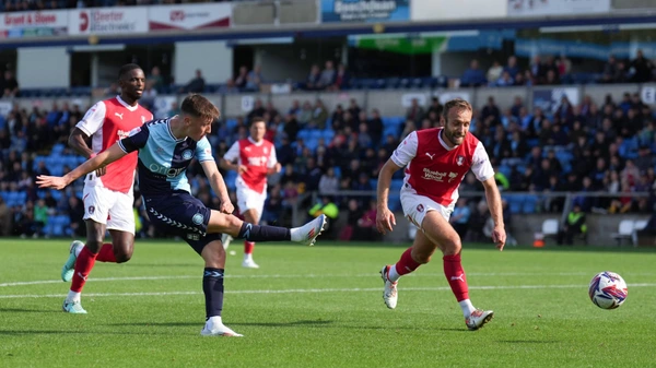 Cameron Humphreys of Wycombe Wanderers on loan from Ipswich Town scores the 1st goal during the Sky Bet League 1 match between Wycombe Wanderers and Rotherham United at Adams Park, High Wycombe, England on 24 August 2024