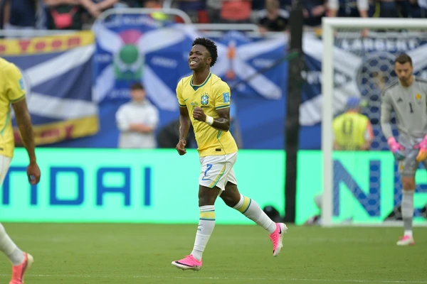 Scotland v Brazil: Group C - FIFA World Cup, WM, Weltmeisterschaft, Fussball 2026 Vinicius Junior of Brazil scores his team s first goal during the FIFA World Cup Group C match between Scotland and...