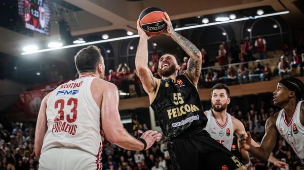 Monaco 55 Mike James of AS Monaco seen in action with 33 Nikola Milutinov of Olympiakos during Basketball Turkish Airlines Euroleague Round 21 between AS Monaco and Olympiakos in Salle Gaston Medecin in Monaco on March 12, 2026.