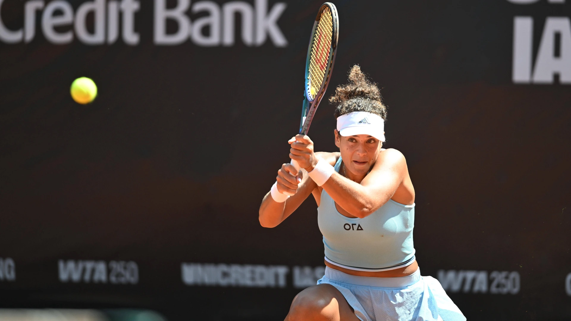 Mayar Sherif of Egypt plays against Dalma Gulf of Hungary during the Unicredit Iasi Open game, in Iasi, Romania, on July 14, 2026. 