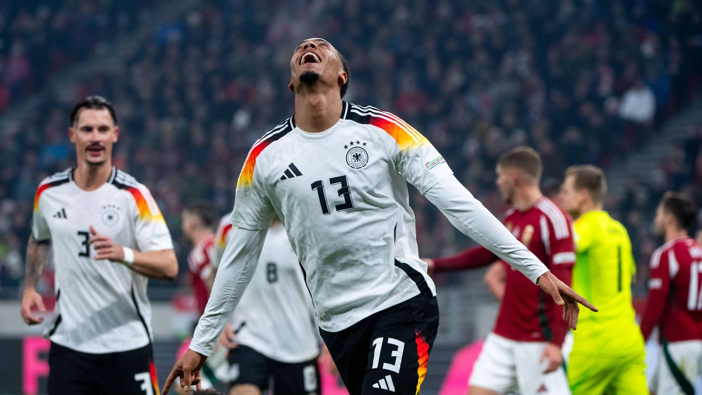 Felix Nmecha Germany, 13 celebrates the goal for 0 1, behind him Robin Koch Germany, 03 , HUN, Hungary HUN vs Germany GER , Football international, UEFA Nations League, League A, Season 2024 2025, Matchday 6, 19 11 2024