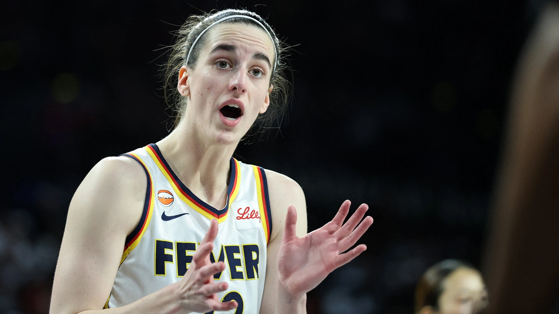 aitlin Clark #22 of the Indiana Fever talks to a referee during a stop in play in the second quarter of Game One of the 2026 WNBA Playoffs first round against the Las Vegas Aces at Michelob ULTRA Arena on September 27, 2026