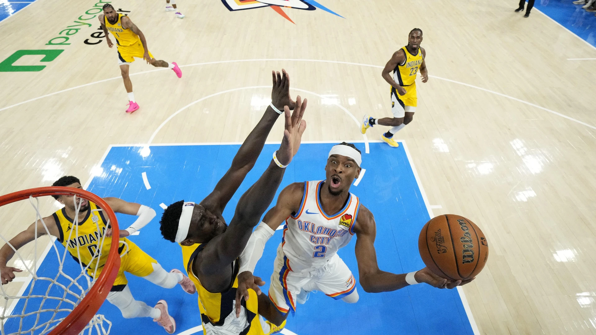Shai Gilgeous-Alexander #2 of the Oklahoma City Thunder attempts a layup against Pascal Siakam #43 of the Indiana Pacers during the second quarter in Game One of the 2025 NBA Finals at Paycom Center on June 05, 2025 in Oklahoma City, Oklahoma.