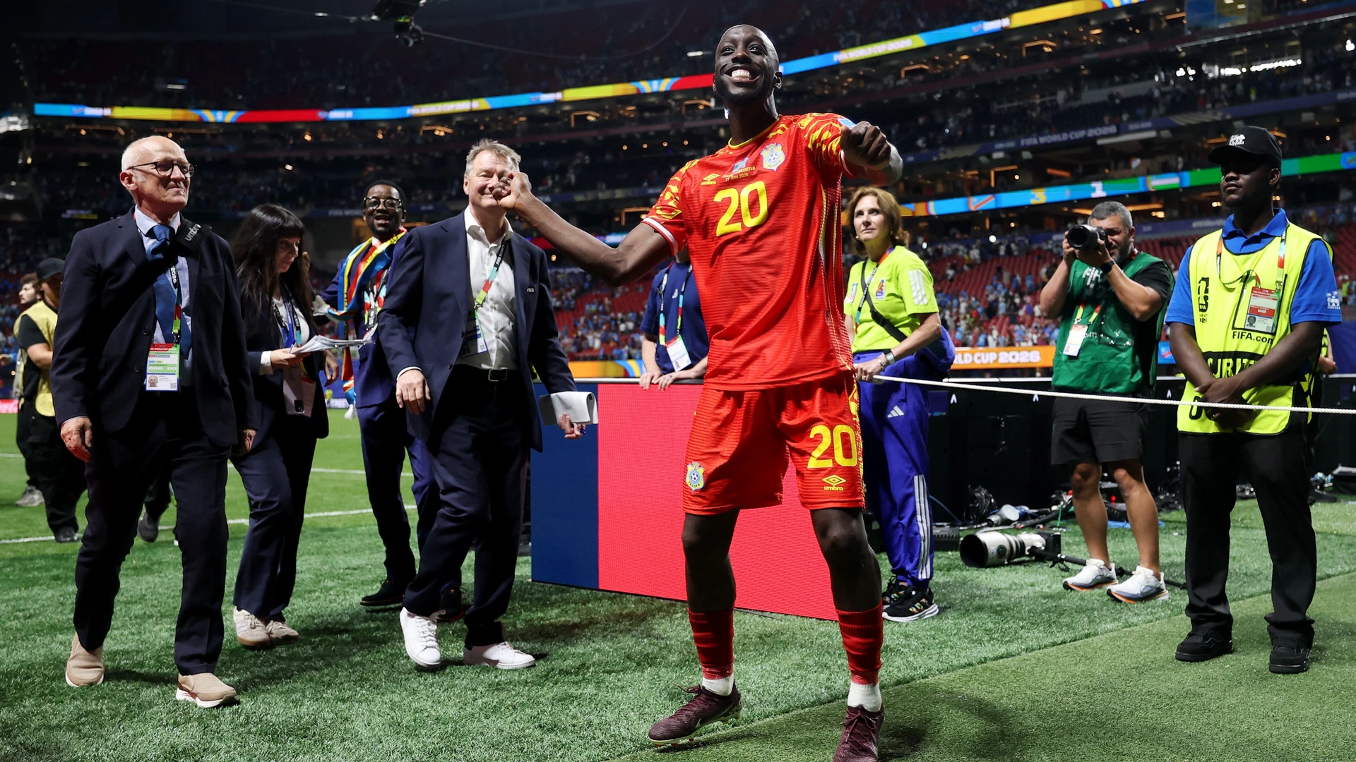 Yoane Wissa #20 of Congo DR celebrates after the 3-1 win during the FIFA World Cup 2026 match between Congo DR and Uzbekistan on June 27, 2026