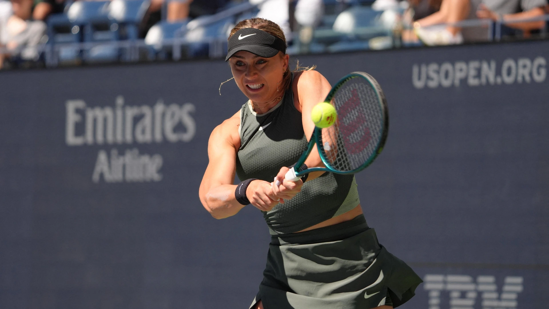 Spain's Paula Badosa hits a return to USA's Emma Navarro during their women's quarterfinals match on day nine of the US Open tennis tournament at the USTA Billie Jean King National Tennis Center in New York City, on September 3, 2024.