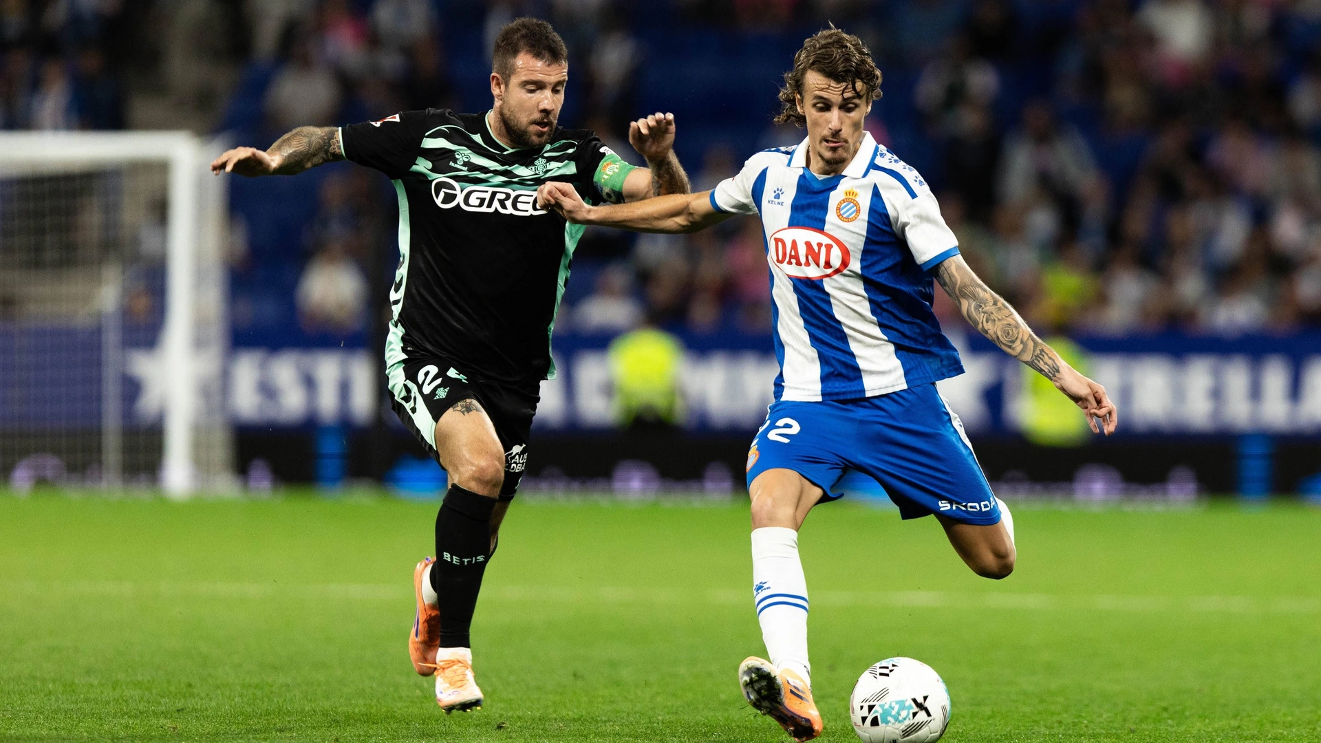 October 5, 2025, Barcelona, Barcelona, Spain: Carlos Romero R of RCD Espanyol and Aitor Ruibal L of Real Betis seen in action during the LaLiga EA Sports match round 8 between RCD Espanyol and Real Betis