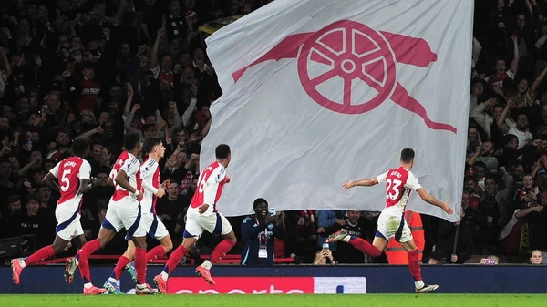 Football - 2024 / 2025 Premier League - Arsenal vs Liverpool - Etihad Stadium - Sunday 27th October 2024 Mikel Merino of Arsenal celebrates his goal