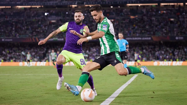Real Betis v Ludogorets, UEFA Europa League football, Seville, Spain Seville, Spain. 15h, September 2022. Alex Moreno 15 of Real Betis and Spas Delev 90 of Ludogorets seen during the UEFA Europa League match between Real Betis and Ludogorets