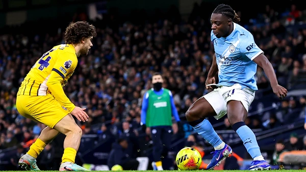 Jeremy Doku of Manchester City looks to get past Ferdi KadÄoÄülu of Brighton and Hove Albion during the Manchester City v Brighton & Hove Albion Premier League match at the Etihad Stadium, Manchester, England on 7 January 2026