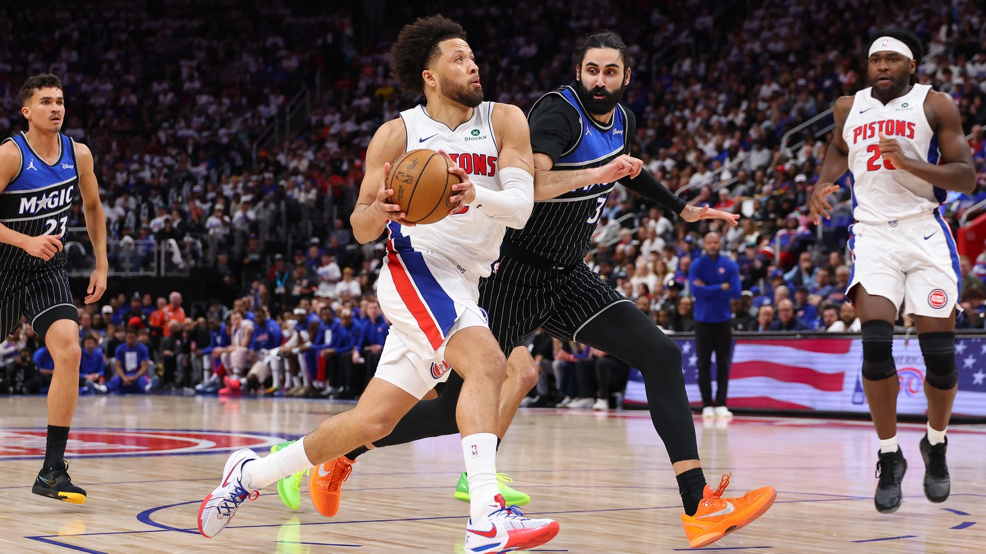DETROIT, MICHIGAN - APRIL 19: Cade Cunningham #2 of the Detroit Pistons plays against the Orlando Magic during game one of the first round of the eastern conference playoffs at Little Caesars Arena on April 19, 2026 in Detroit, Michigan.